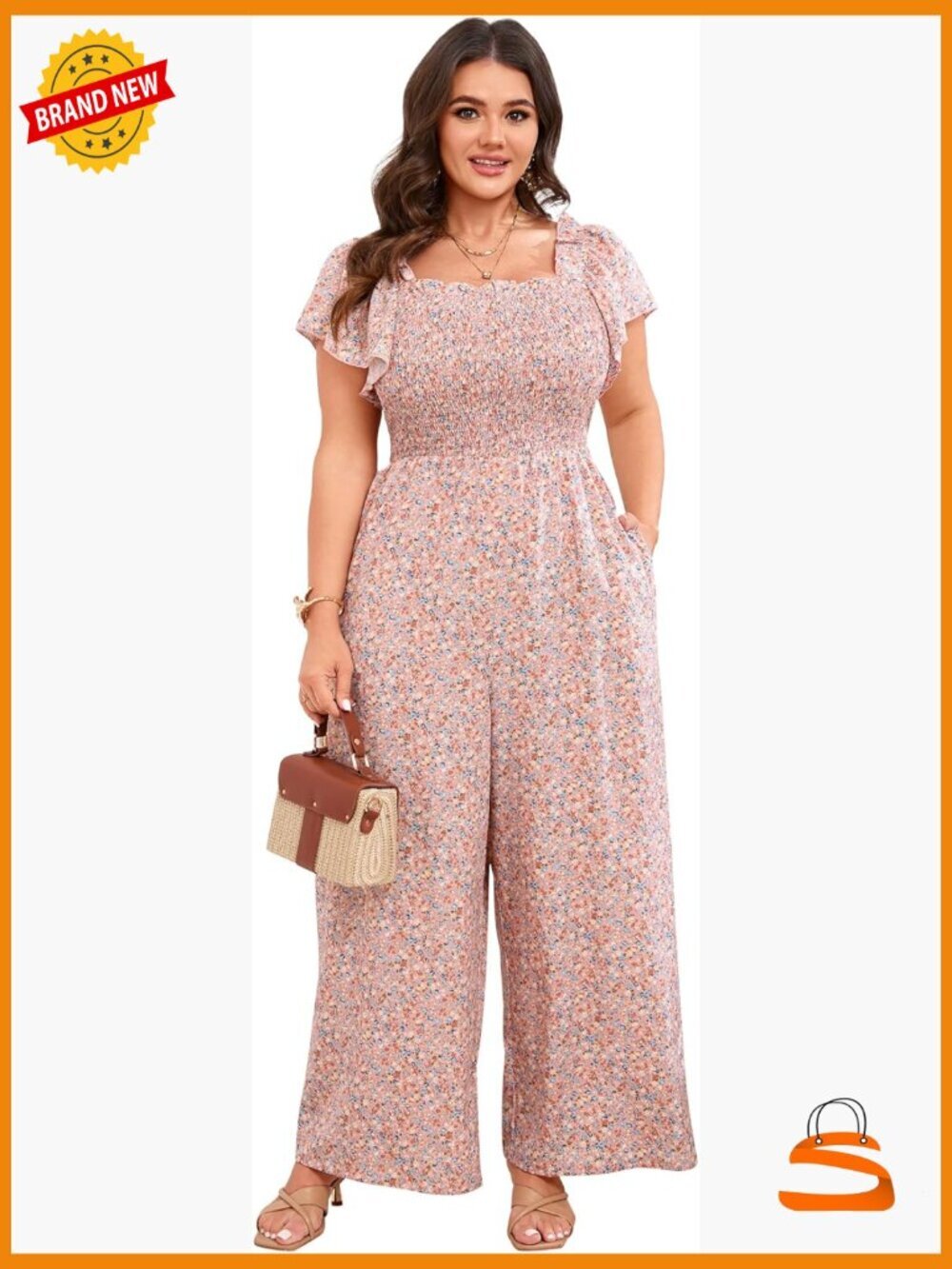 Plus Size Summer Jumpsuit Ruffle Sleeve Smocked Waist Wide Leg Romper with